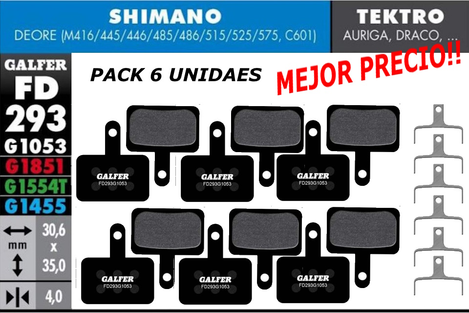 Pack Ahorro 6 Pares – Pastillas de freno Galfer FD293 – G1053 – Shimano – Tektro – TRP