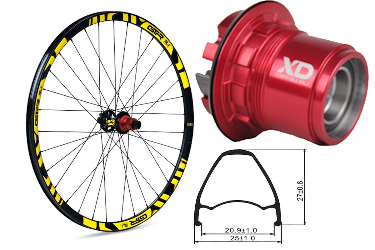 Rueda trasera aluminio MTB GTR SL20 29″ Amarillo Disc 6 Tornillos Boost Sram XDR